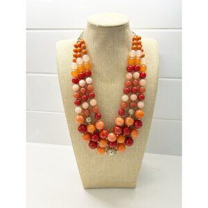 Lihly Three Strand Agate Beaded Necklace in Coral/Pink/Gold